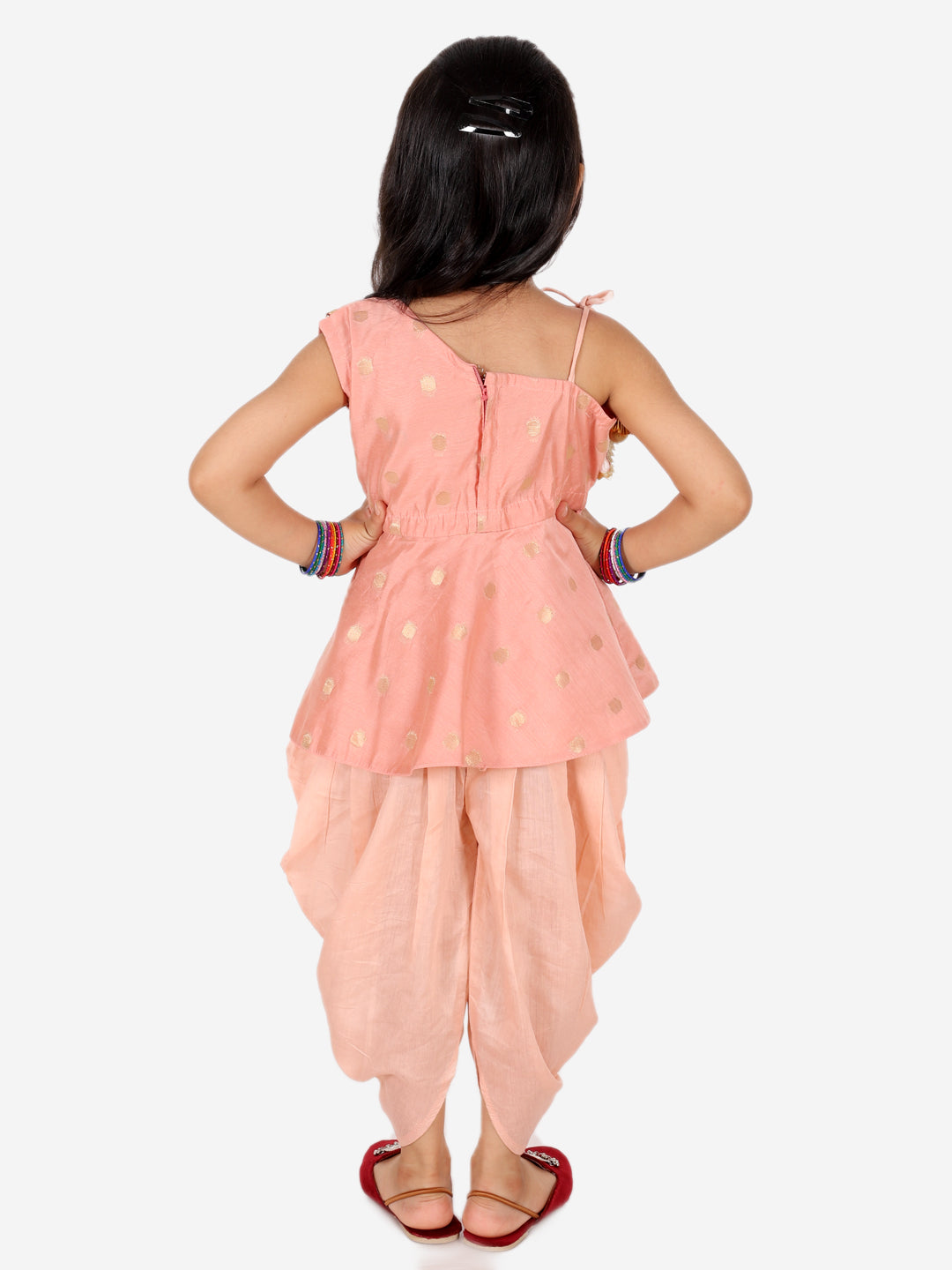 BownBee Chanderi Silk One Shoulder Peplum with Dhoti- Peach