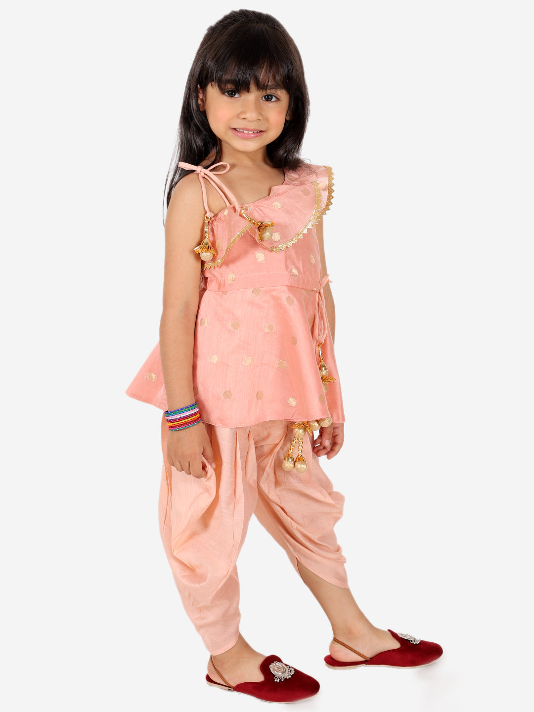 BownBee Sibling Set Chanderi Jacket with Chanderi Dhoti Kurta for Boys- Peach with Chanderi Silk One Shoulder Peplum with Dhoti- Peach