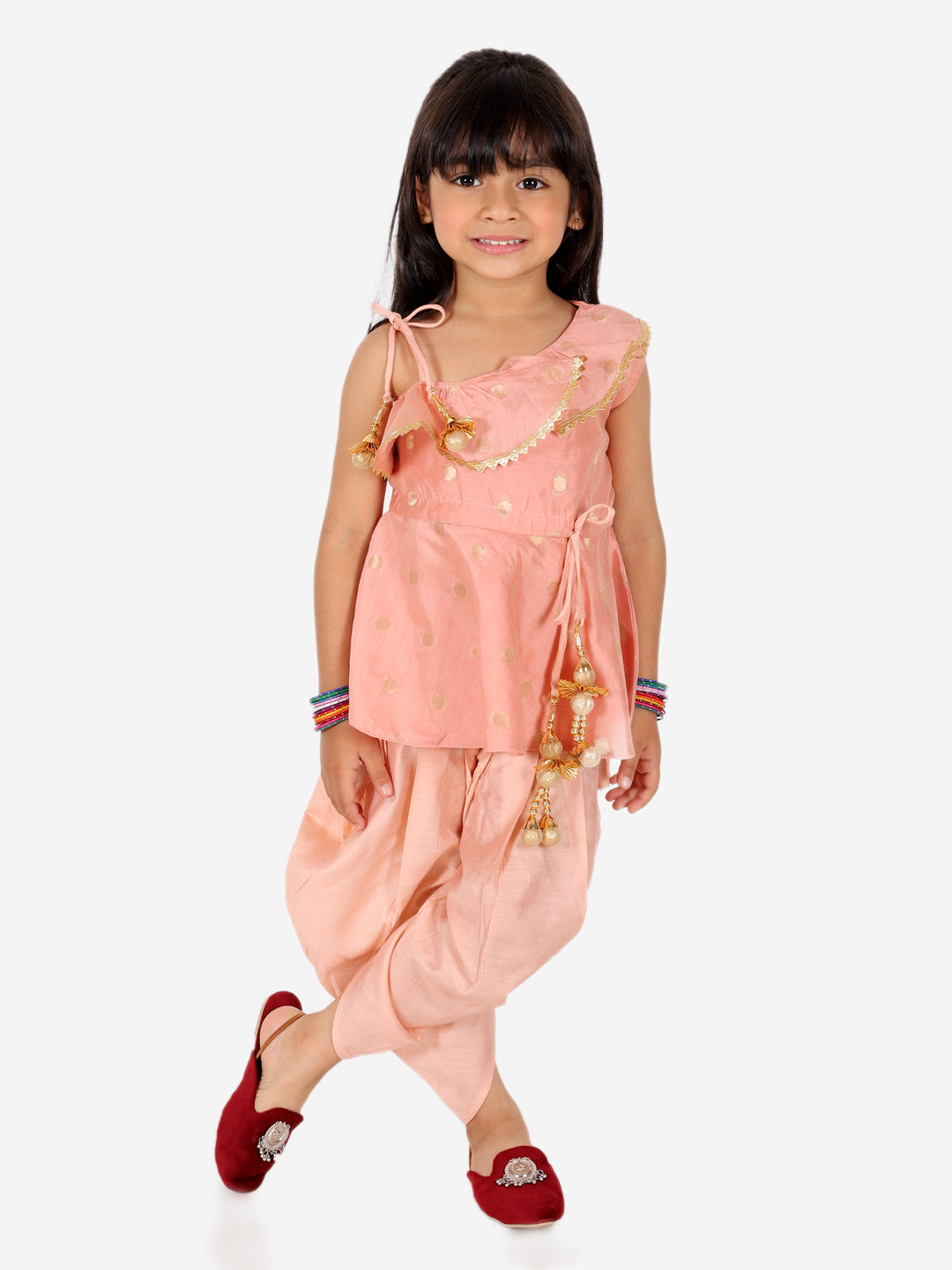 BownBee Sibling Set Chanderi Jacket with Chanderi Dhoti Kurta for Boys- Peach with Chanderi Silk One Shoulder Peplum with Dhoti- Peach