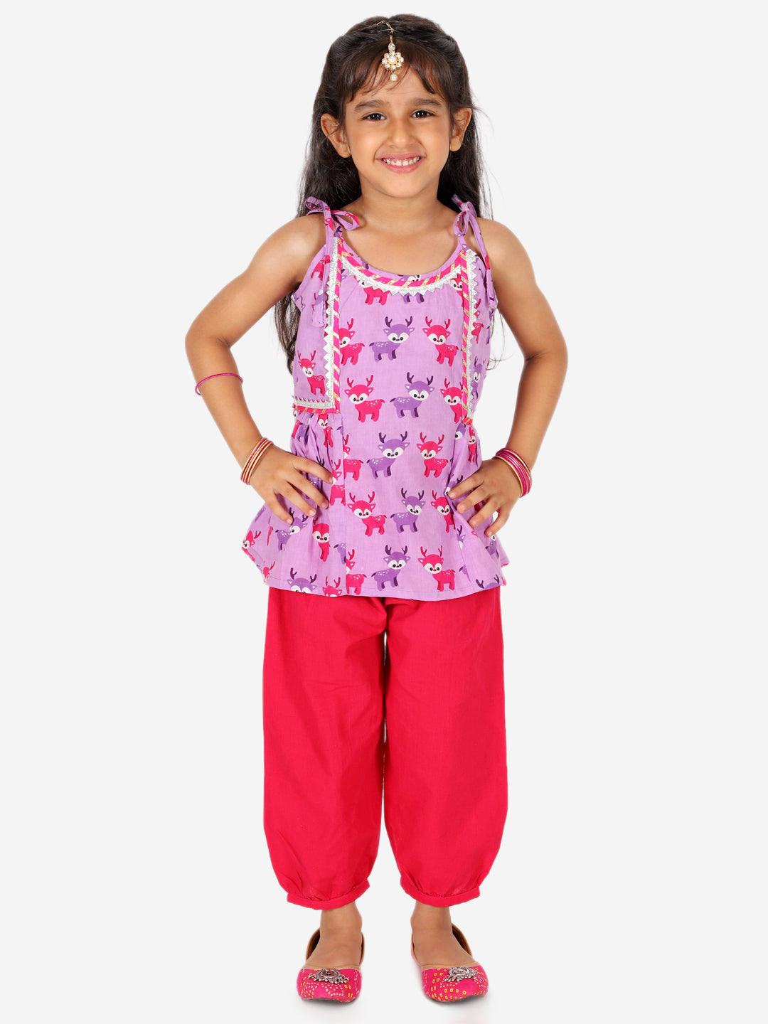 BownBee Sibling Set Embroidered Pure Cotton Kurta with Printed Dhoti for Boys with Deer Print Pure Cotton Top Harem Set for Girls- Pink