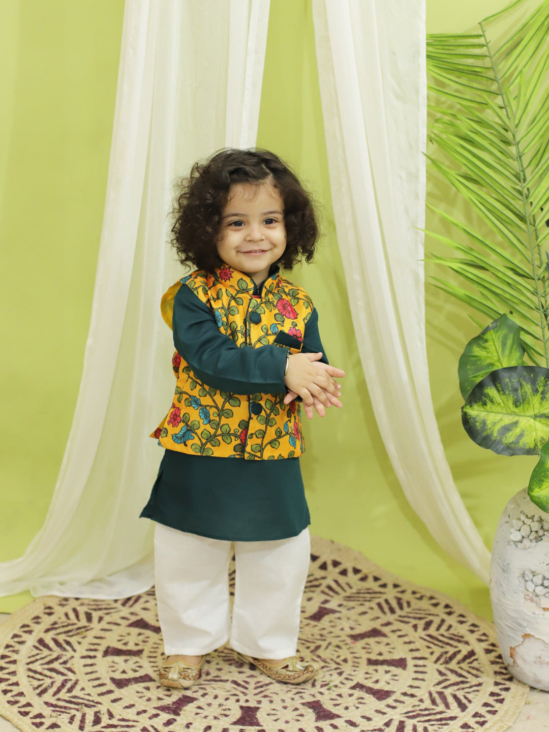 BownBee Sibling Set Kalamkari Print Jacket with Kurta Pajama for Boys- Yellow Kalamkari Print Party Dress Gown for Girls- Yellow