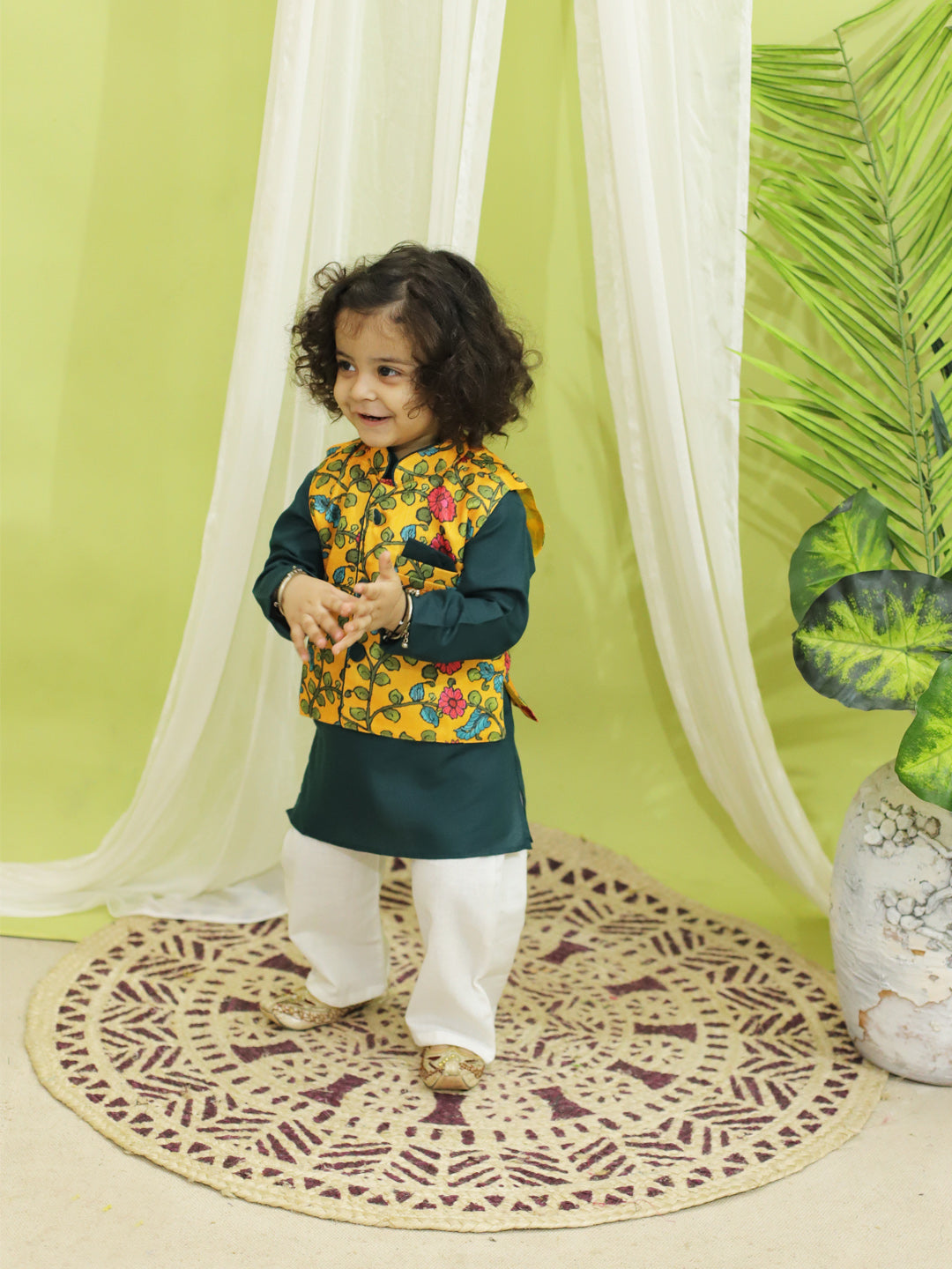 BownBee Sibling Set Kalamkari Print Jacket with Kurta Pajama for Boys- Yellow Kalamkari Print Party Dress Gown for Girls- Yellow