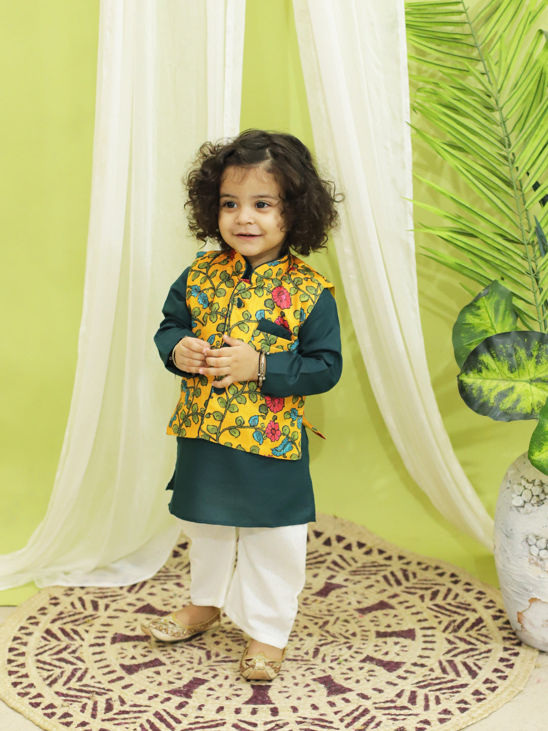 BownBee Sibling Set Kalamkari Print Jacket with Kurta Pajama for Boys- Yellow Kalamkari Print Party Dress Gown for Girls- Yellow