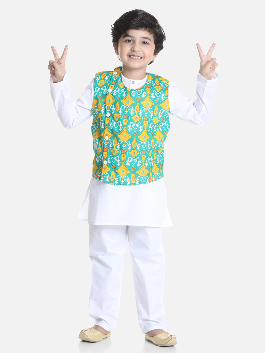 BownBee Printed Jacket Kurta Pajama Set For Boys - White