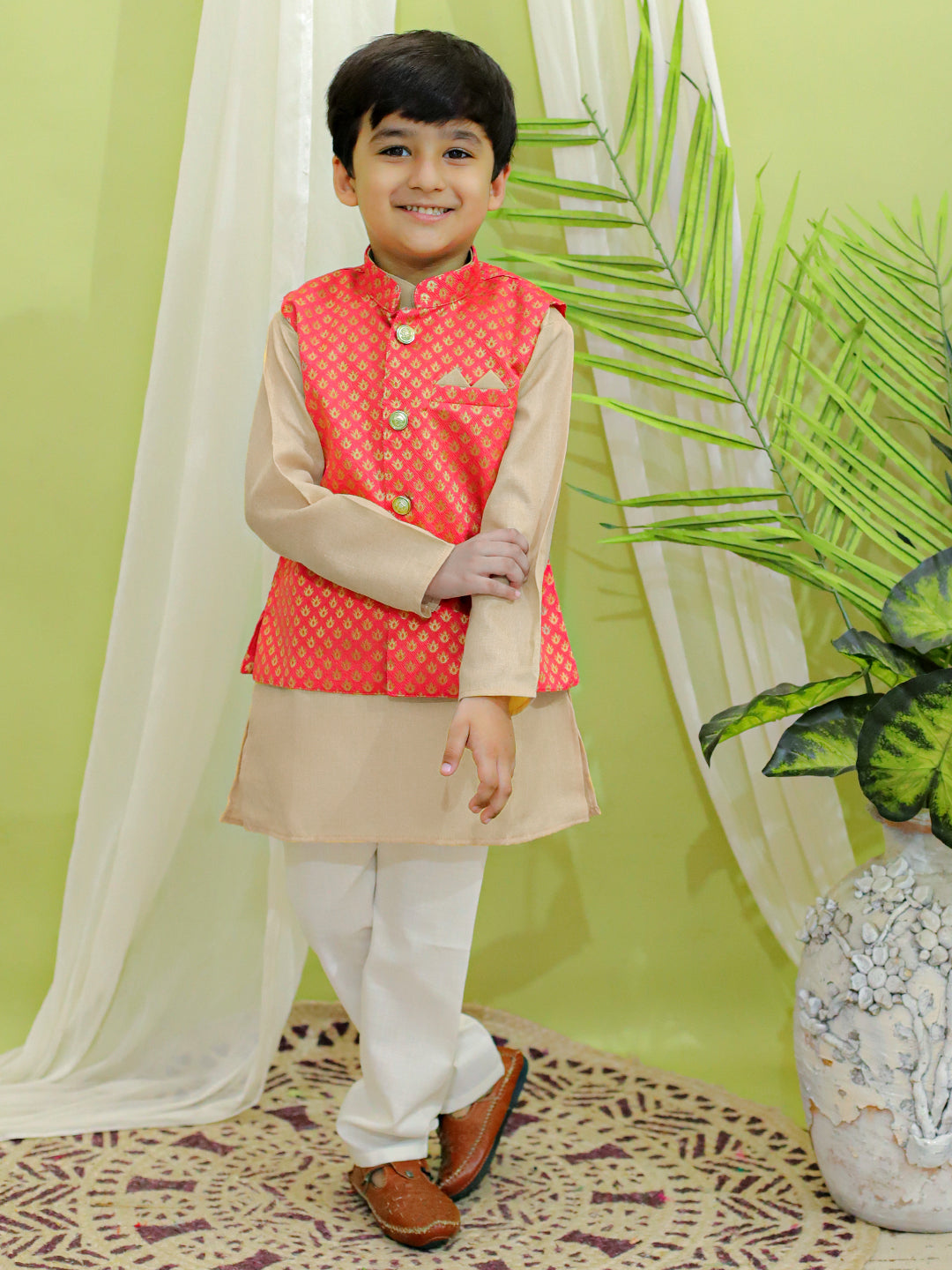 BownBee Jacquard Jacket with Cotton Kurta Pajama for Boys - Coral