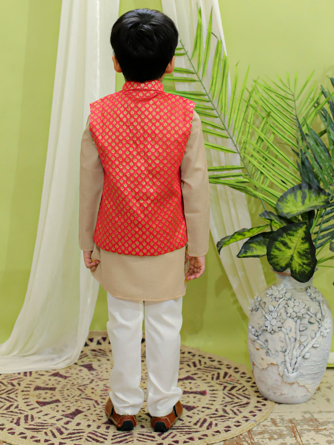 BownBee Jacquard Jacket with Cotton Kurta Pajama for Boys - Coral