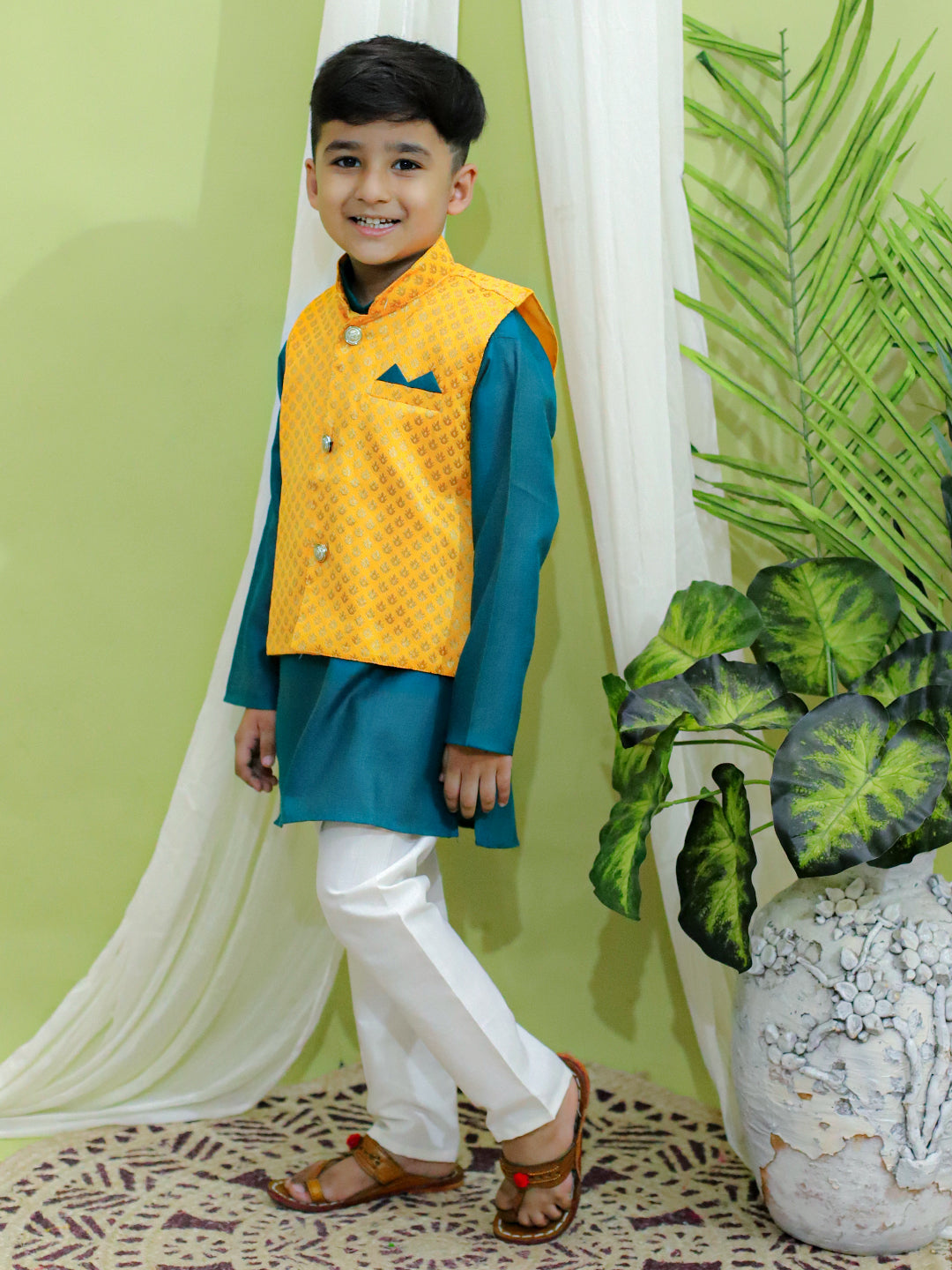 BownBee Jacquard Jacket with Cotton Kurta Pajama for Boys- Yellow