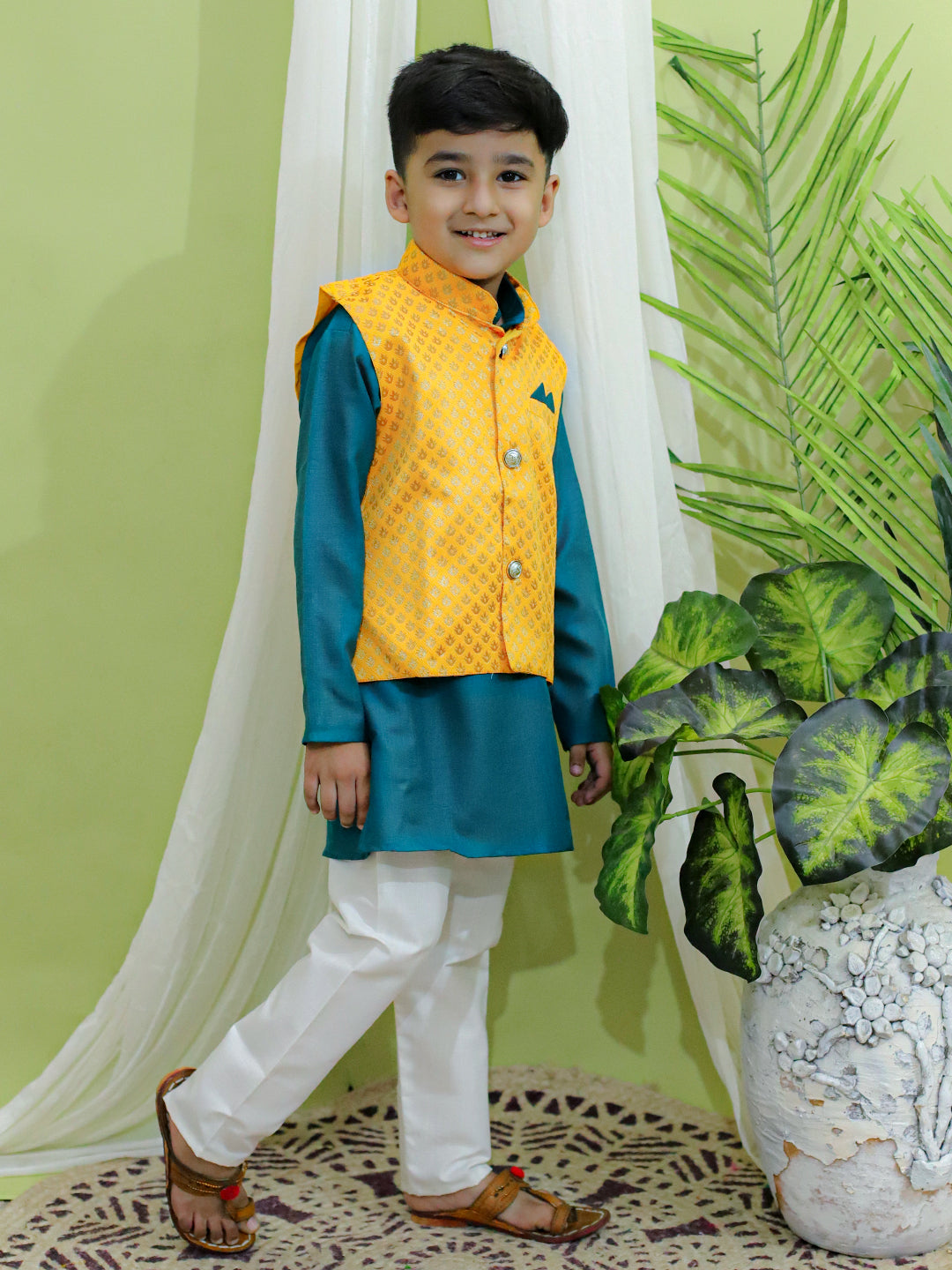 BownBee Jacquard Jacket with Cotton Kurta Pajama for Boys- Yellow