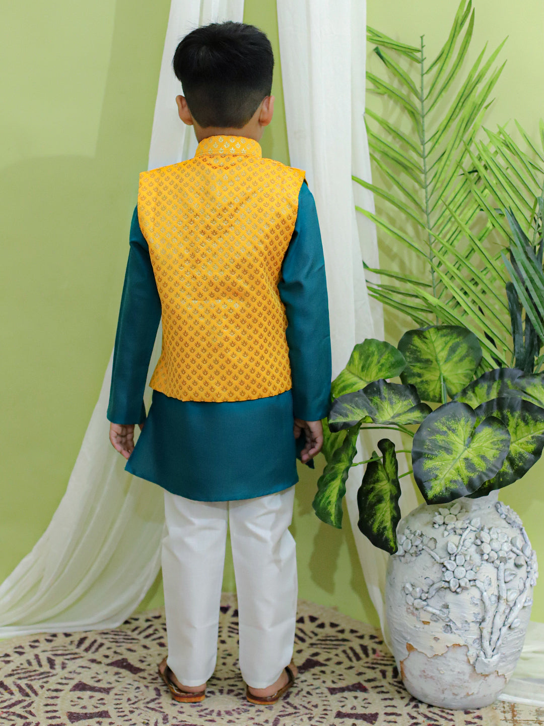 BownBee Jacquard Jacket with Cotton Kurta Pajama for Boys- Yellow