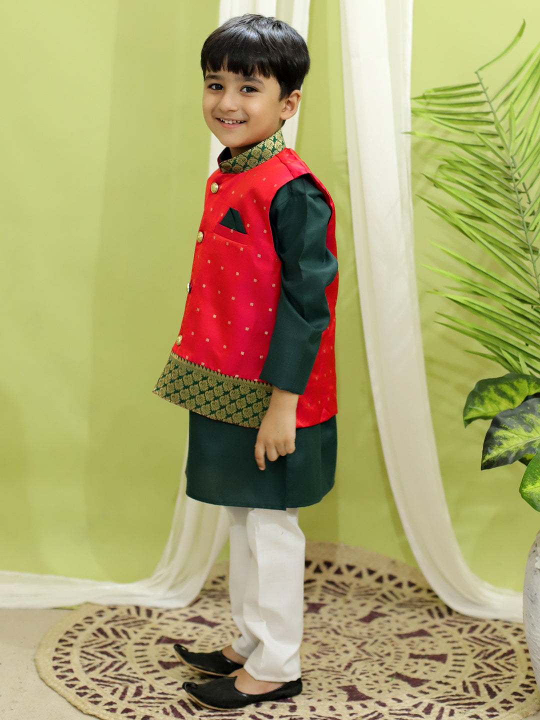 BownBee Silk Jacket with Cotton Kurta Pajama for Boys - Pink