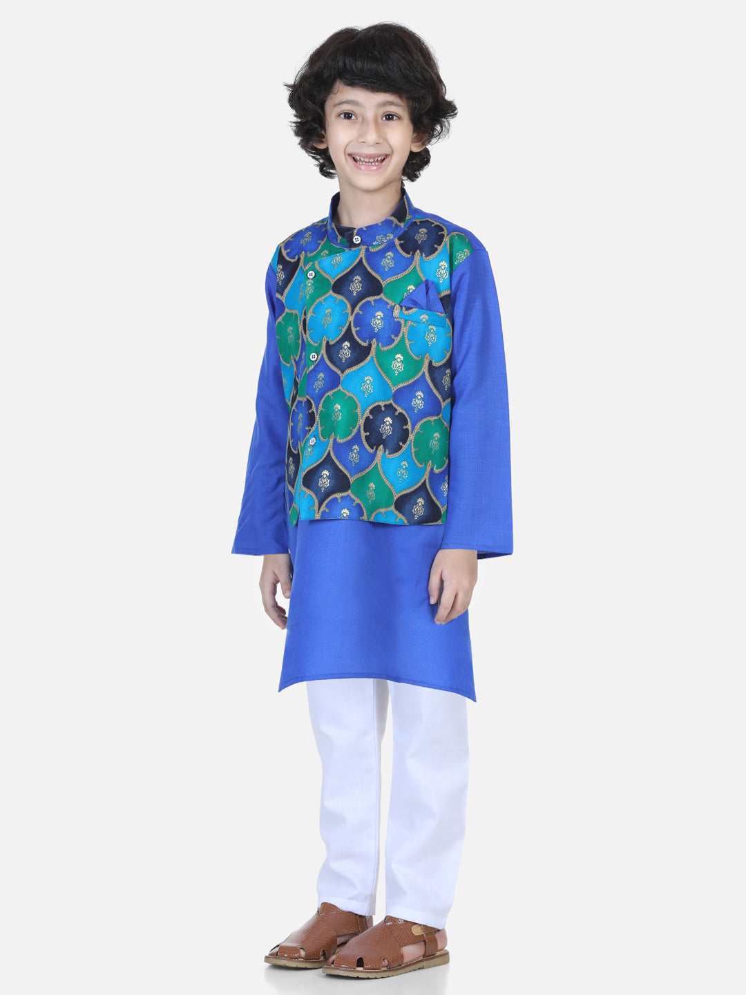 BownBee Pure Cotton Attached Jacket Kurta Pajama for Boys - Blue