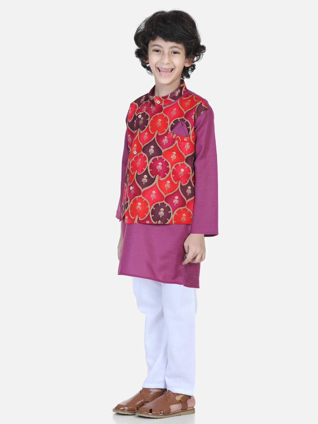 BownBee Pure Cotton Attached Jacket Kurta Pajama for Boys- Purple