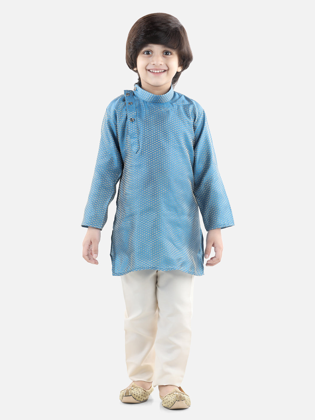 BownBee Silk Blend Full Sleeve Jacquard Kurta Pajama For Boys - Sky Blue