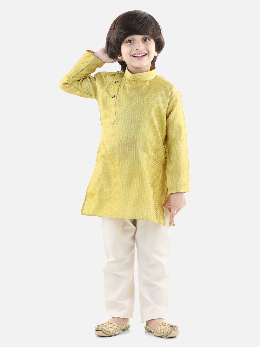 BownBee Silk Blend Full Sleeve Jacquard Kurta Pajama For Boys - Yellow