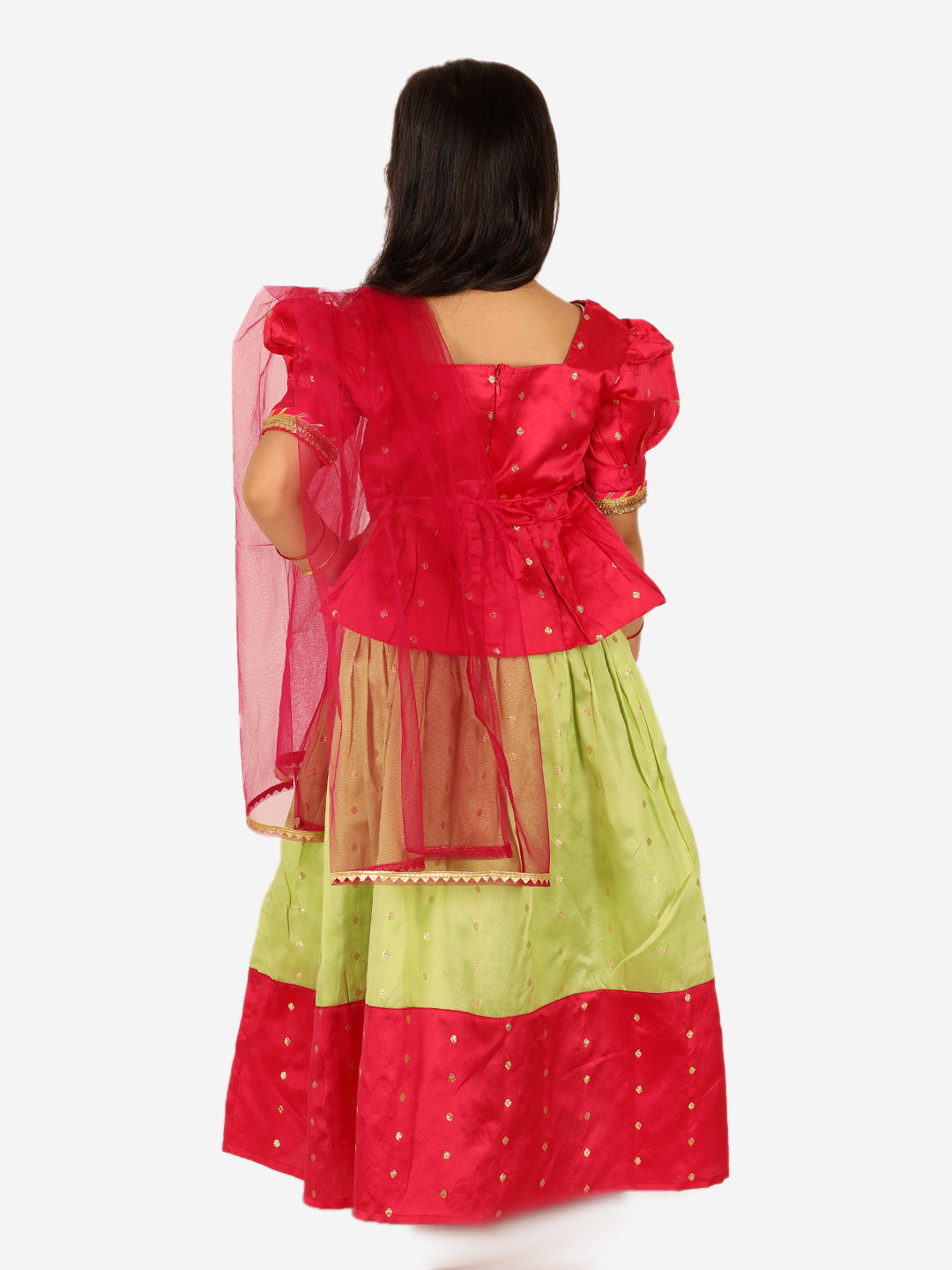 BownBee Taffeta Silk Puff Sleeve Top Lehenga with Dupatta for Girls- Pink