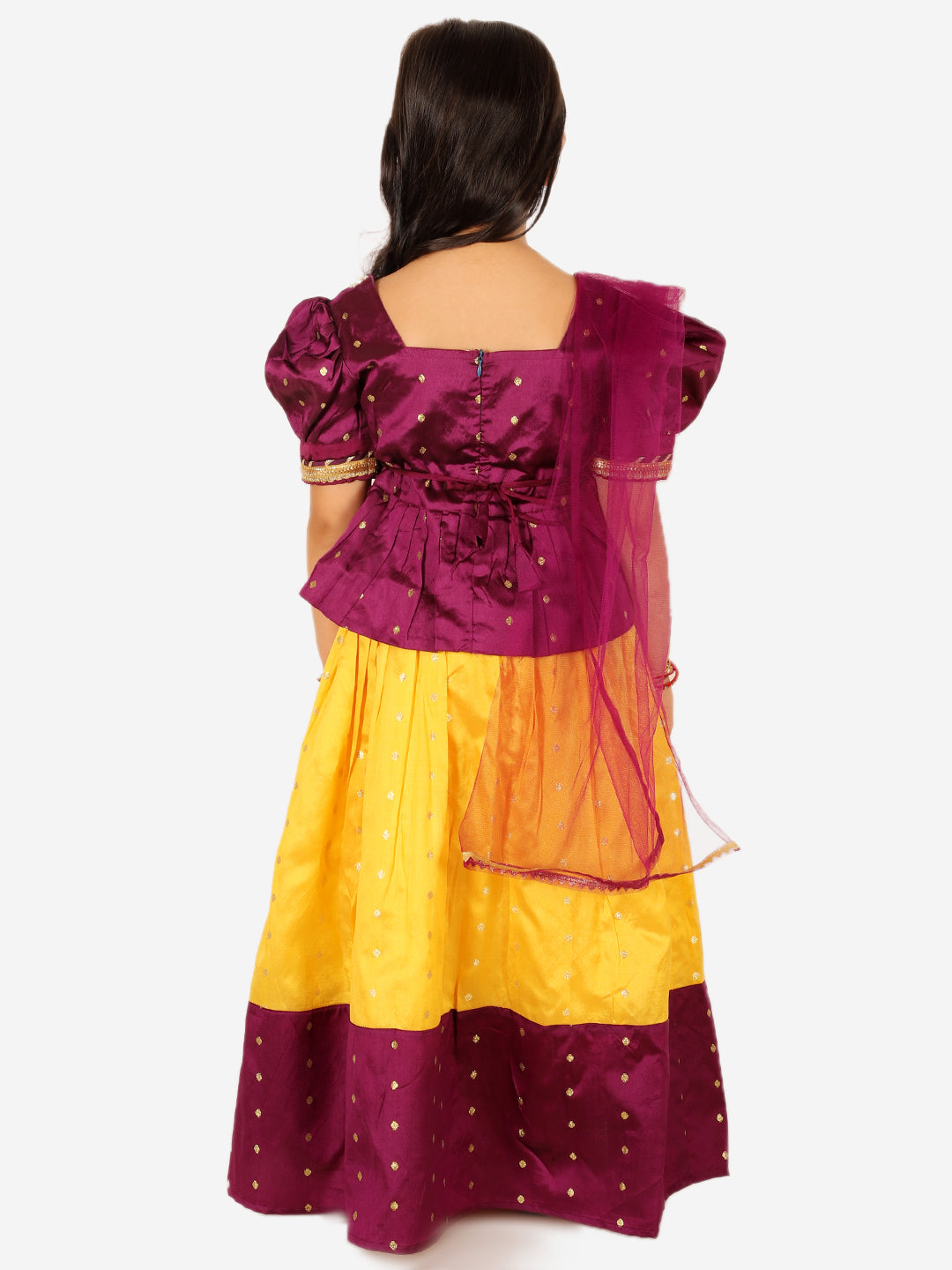 BownBee Taffeta Silk Puff Sleeve Top Lehenga with Dupatta for Girls- Purple