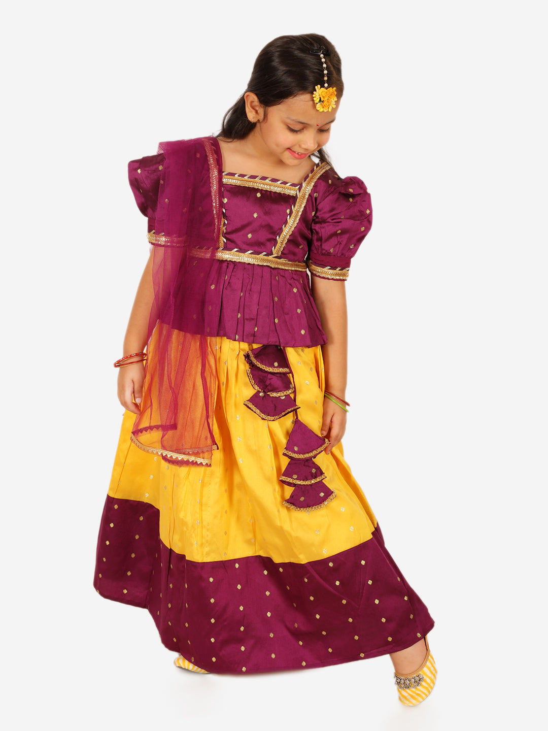 BownBee Taffeta Silk Puff Sleeve Top Lehenga with Dupatta for Girls- Purple