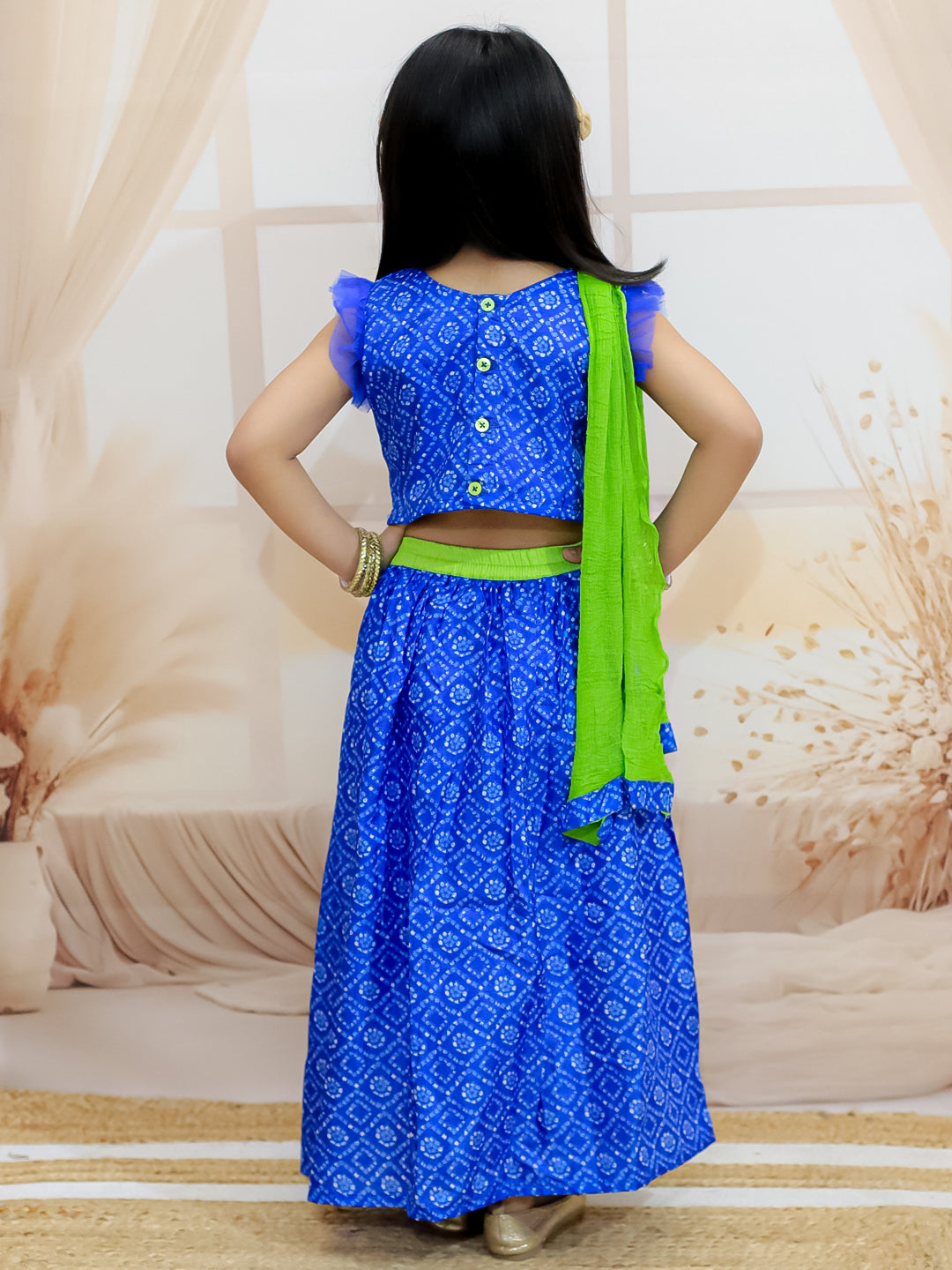 BownBee Bandhani Net pleated Sleeves Lehenga with Dupatta For Girls- Blue