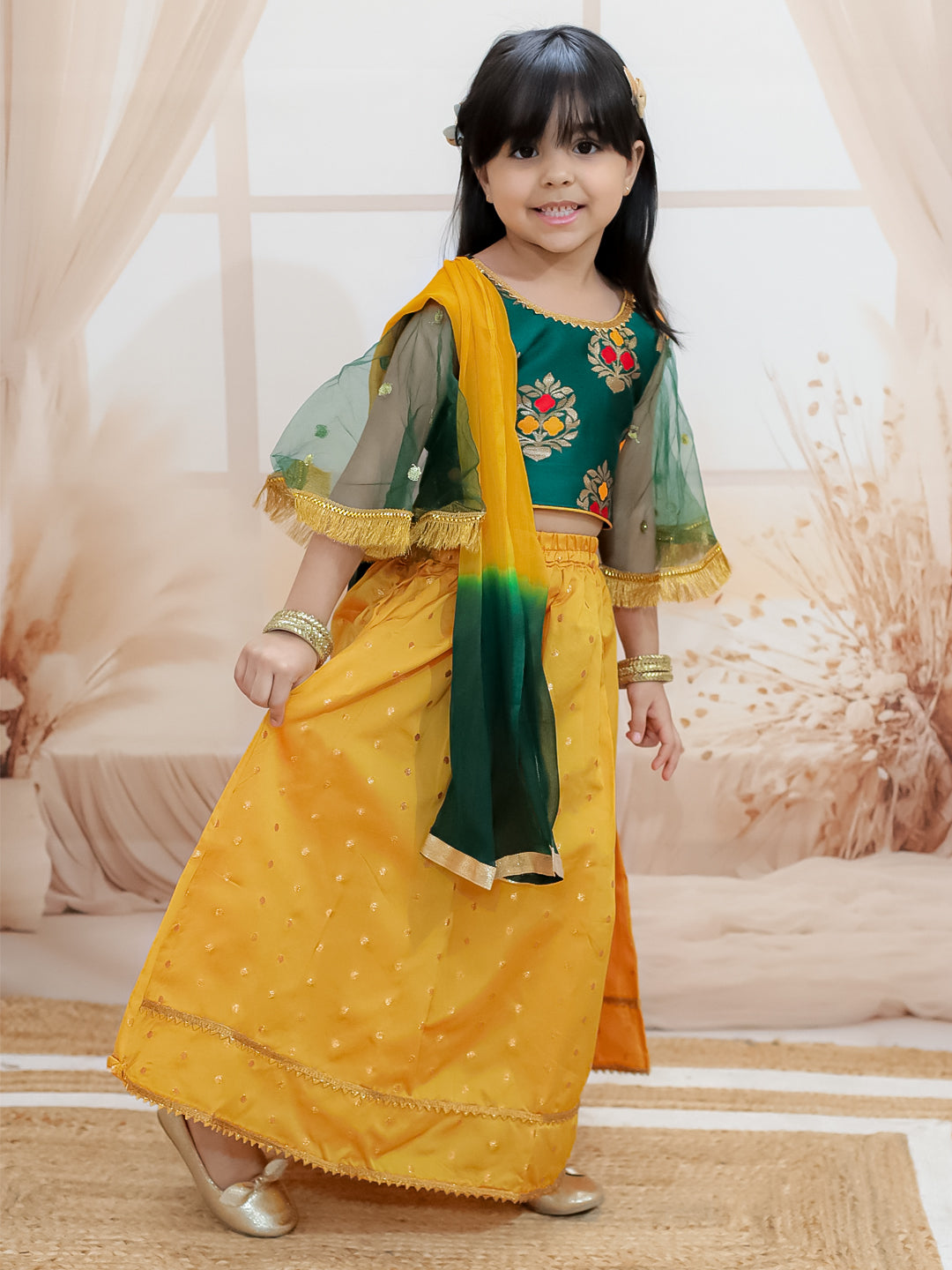 BownBee Jacquard Flared Sleeve Top with Silk Lehenga with Dupatta For Girls - Green