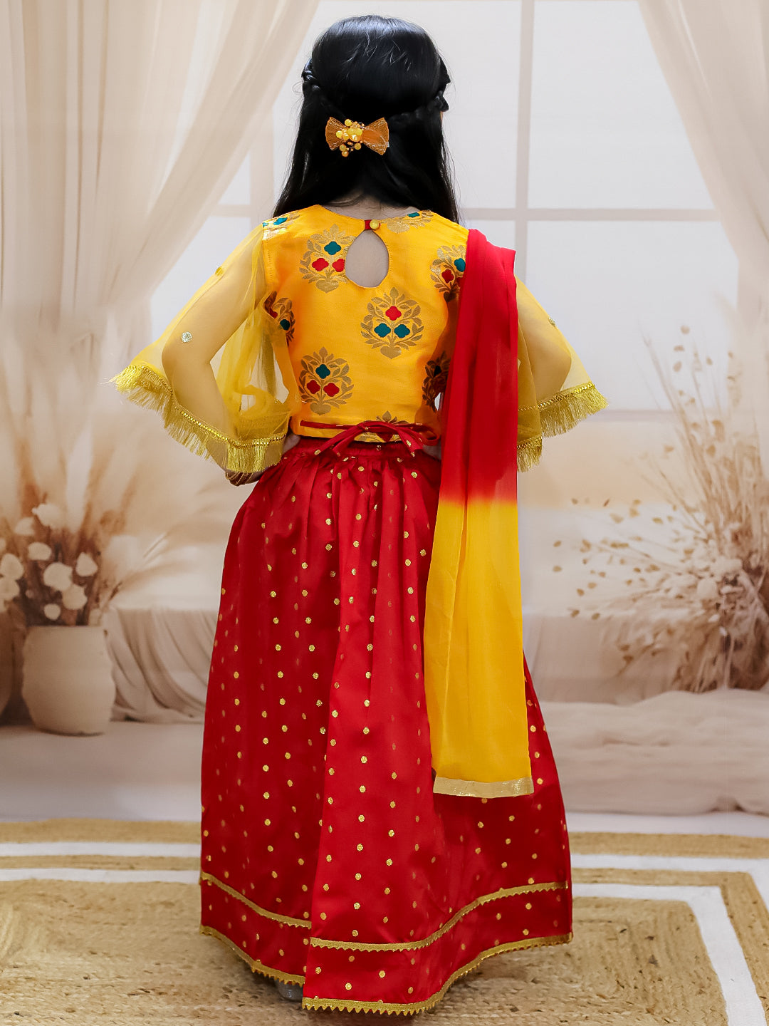 BownBee Jacquard Flared Sleeve Top with Silk Lehenga with Dupatta For Girls - Yellow