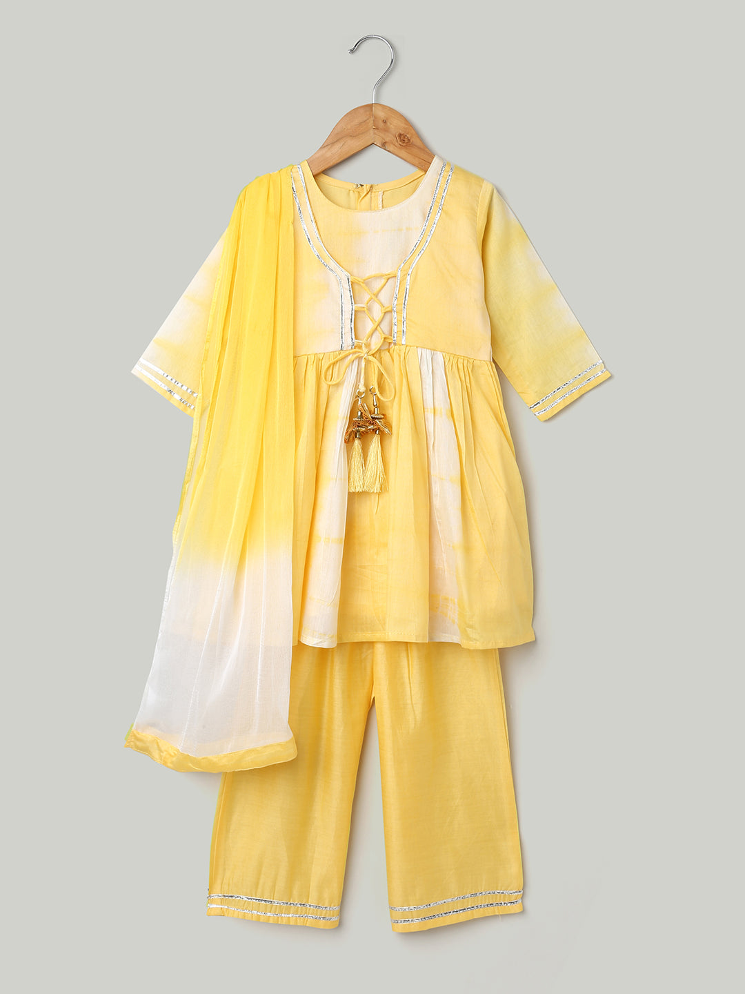 BownBee Hand Dyed Chanderi Silk Kurti Pant with Dupatta for Girls - Yellow