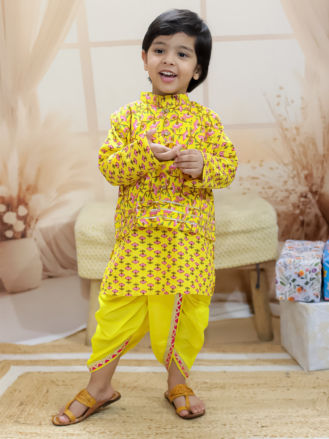 BownBee Sibling Set Pure Cotton Jacket Dhoti Kurta with Halter Neck Kurti Harem Set- Yellow