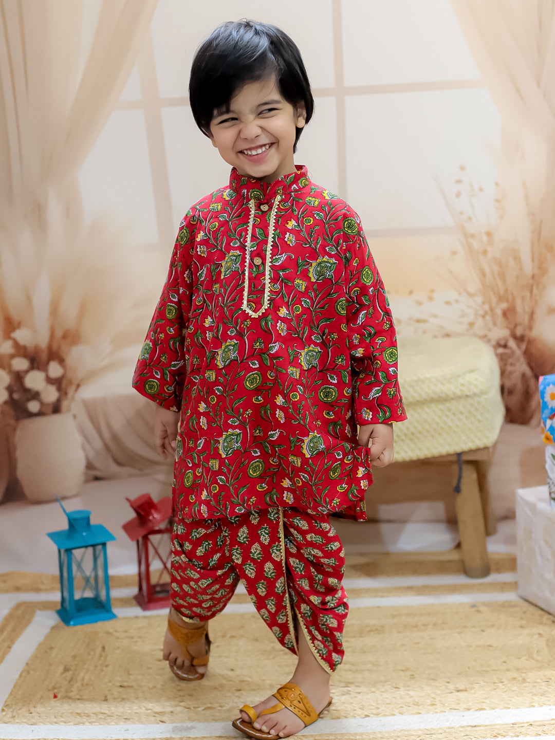 BownBee Pure Cotton Full Sleeve Printed Kurta Dhoti for Boys- Red