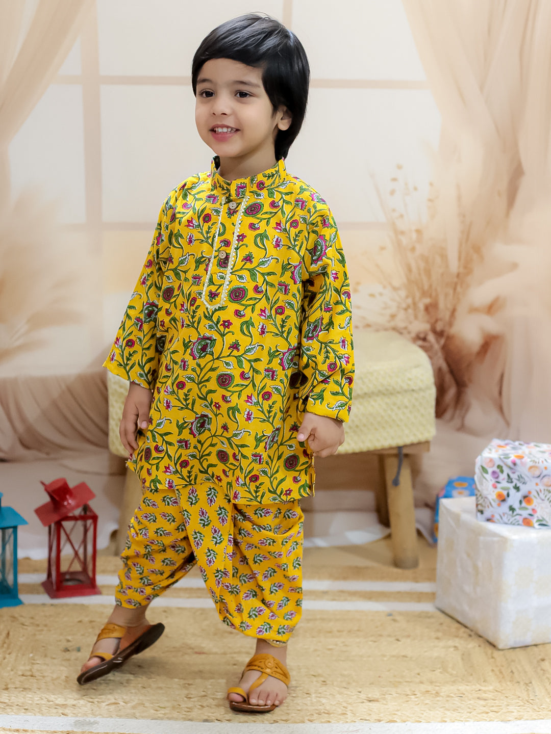 BownBee Sibling Set Pure Cotton Printed Kurta Dhoti with Pure Cotton Patch Top Dhoti - Yellow