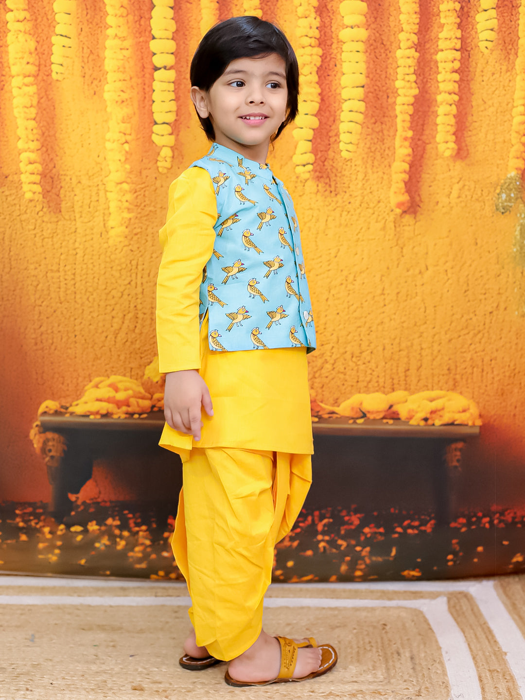 BownBee Pure Cotton Jacket with Full Sleeve Kurta Dhoti Set For Boys- Blue