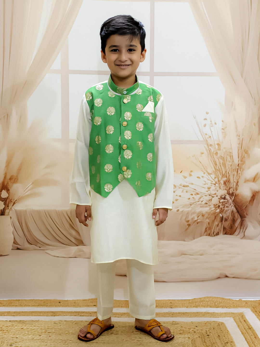 BownBee Chanderi Jacqurd Attached Jacket Kurta Pajama for Boys with Lehenga Choli Dupatta Set for Girls - Green