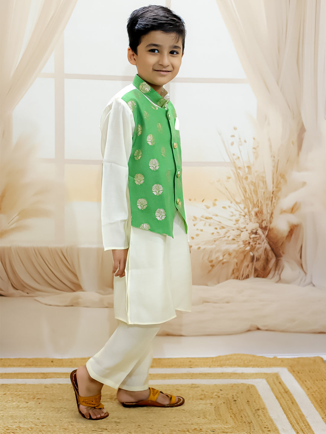 BownBee Chanderi Jacqurd Attached Jacket Kurta Pajama for Boys with Lehenga Choli Dupatta Set for Girls - Green