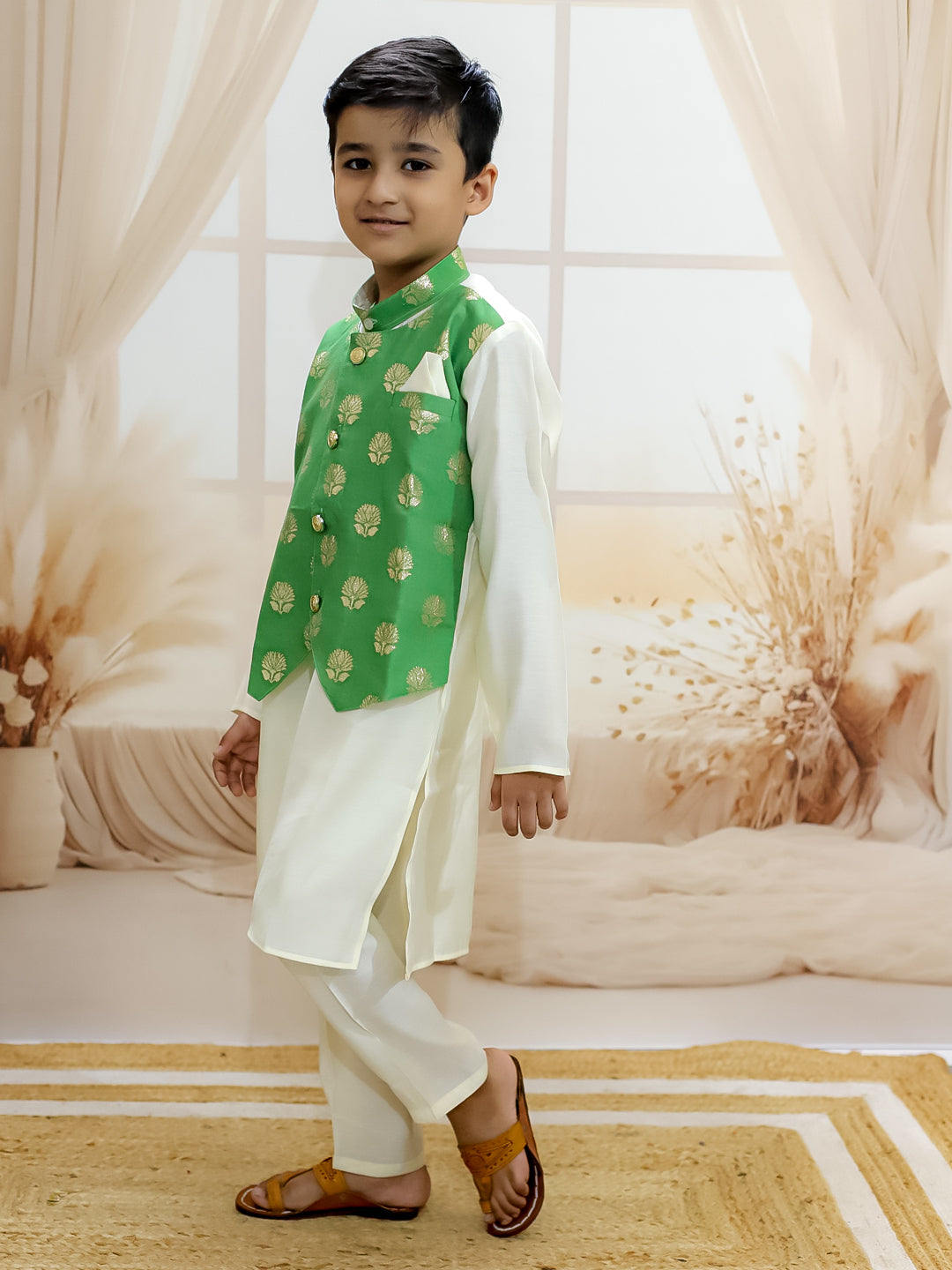 BownBee Pure Chanderi Attached Jacket Kurta Pajama for Boys - Green