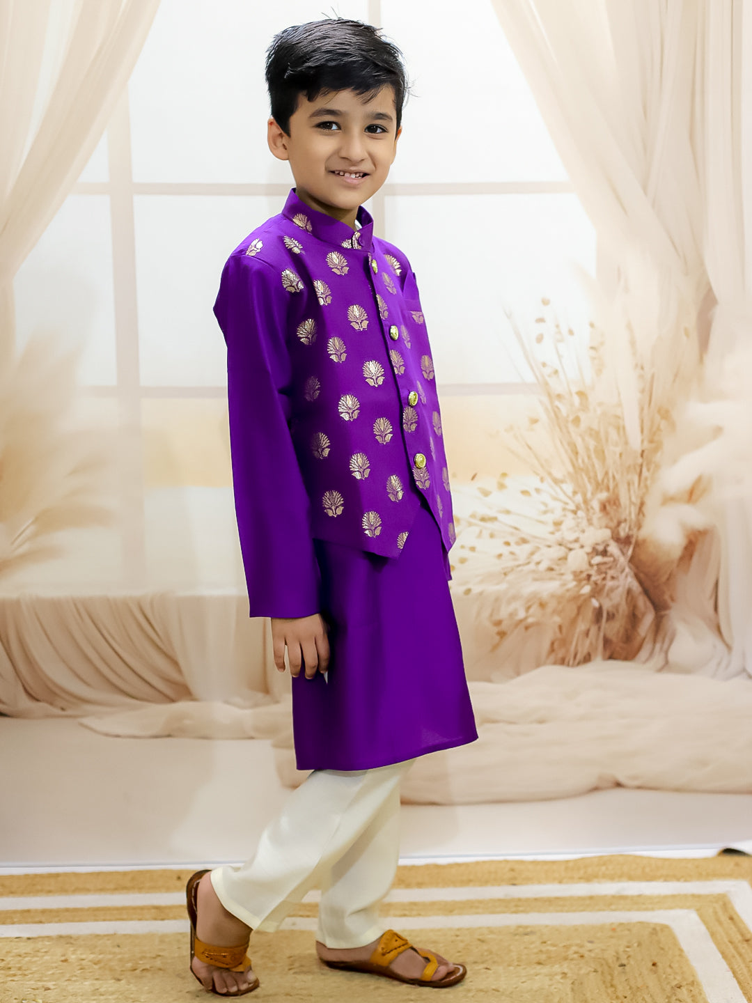 BownBee Pure Chanderi Attached Jacket Kurta Pajama for Boys - Purple