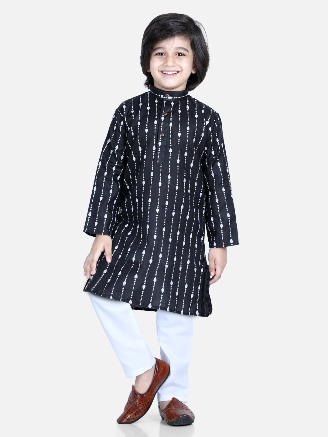 BownBee Printed Full Sleeve Cotton Kurta Pajama for Boys- Black