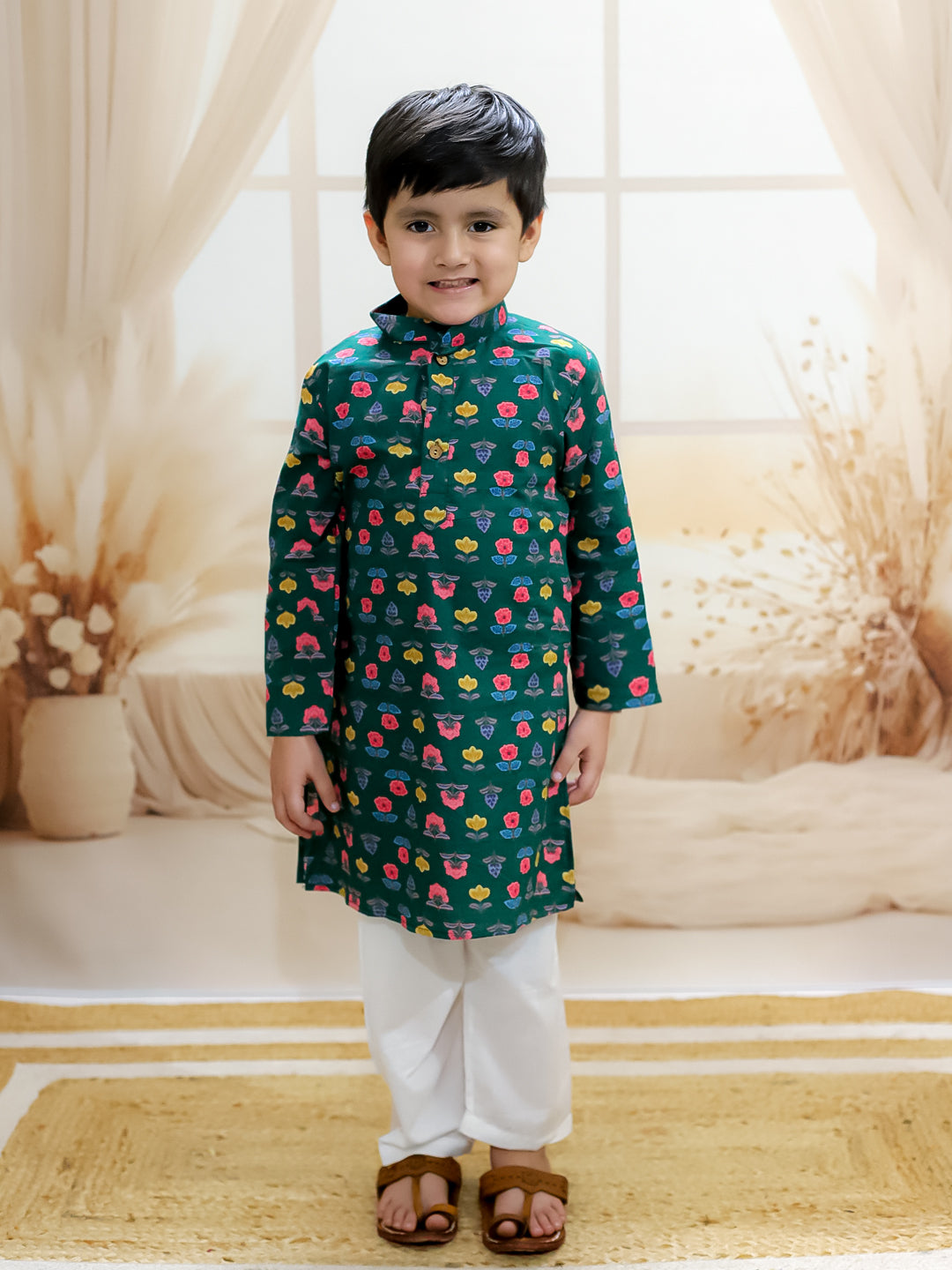 BownBee Pure Cotton Kurta Pajama with Jacket for Boys - Green