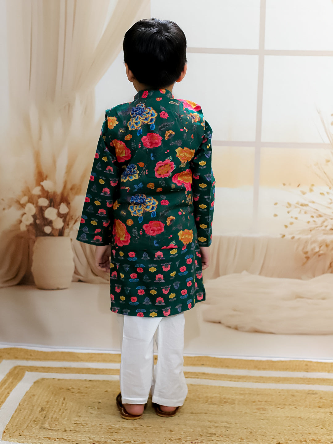 BownBee Pure Cotton Printed Kurta Pajama and Jacket Set for Boys with Pure Cotton Kurta Sharara Dupatta Set for Girls - Green