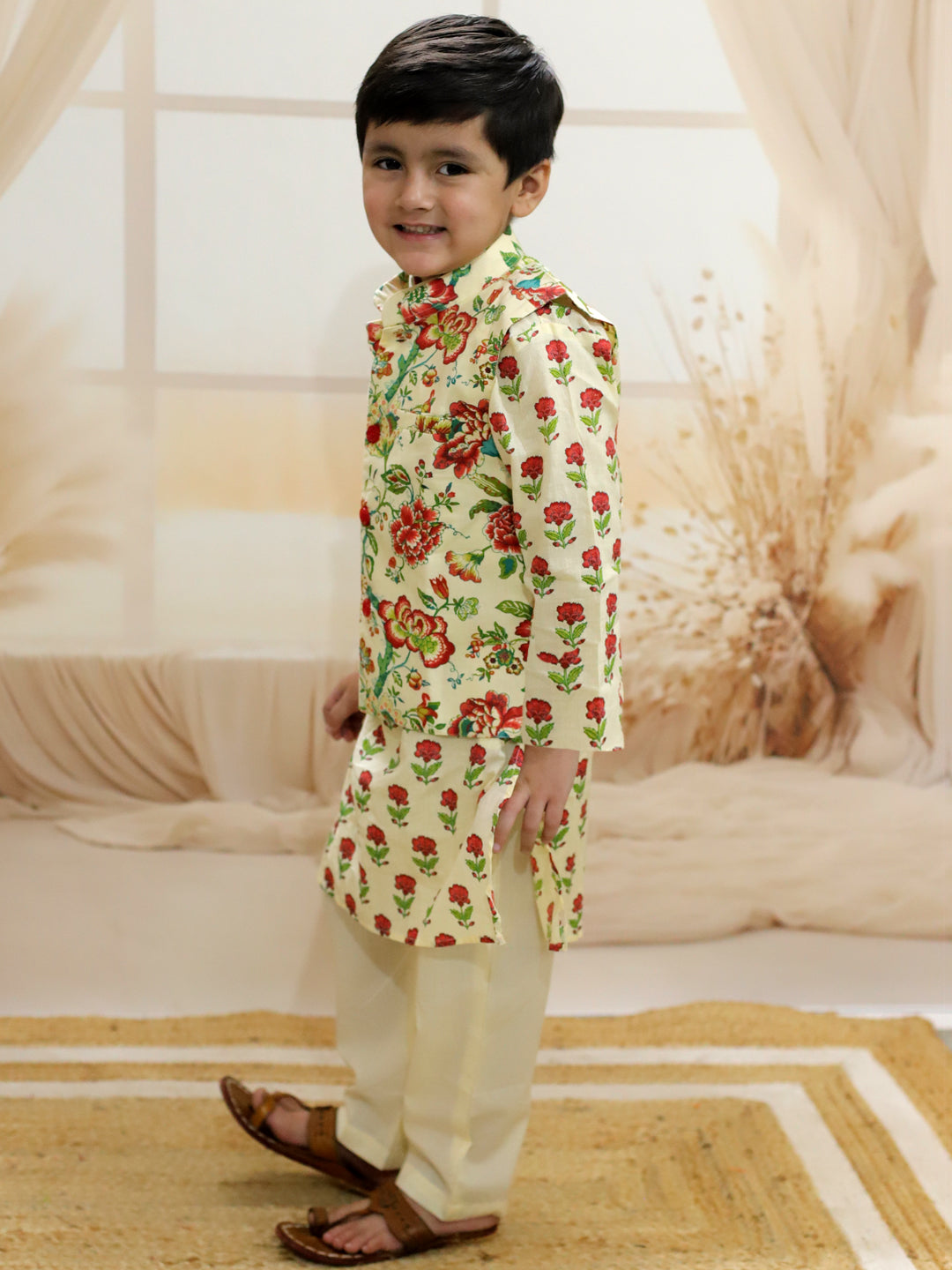 BownBee Pure Cotton Kurta Pajama with Jacket for Boys - Off White