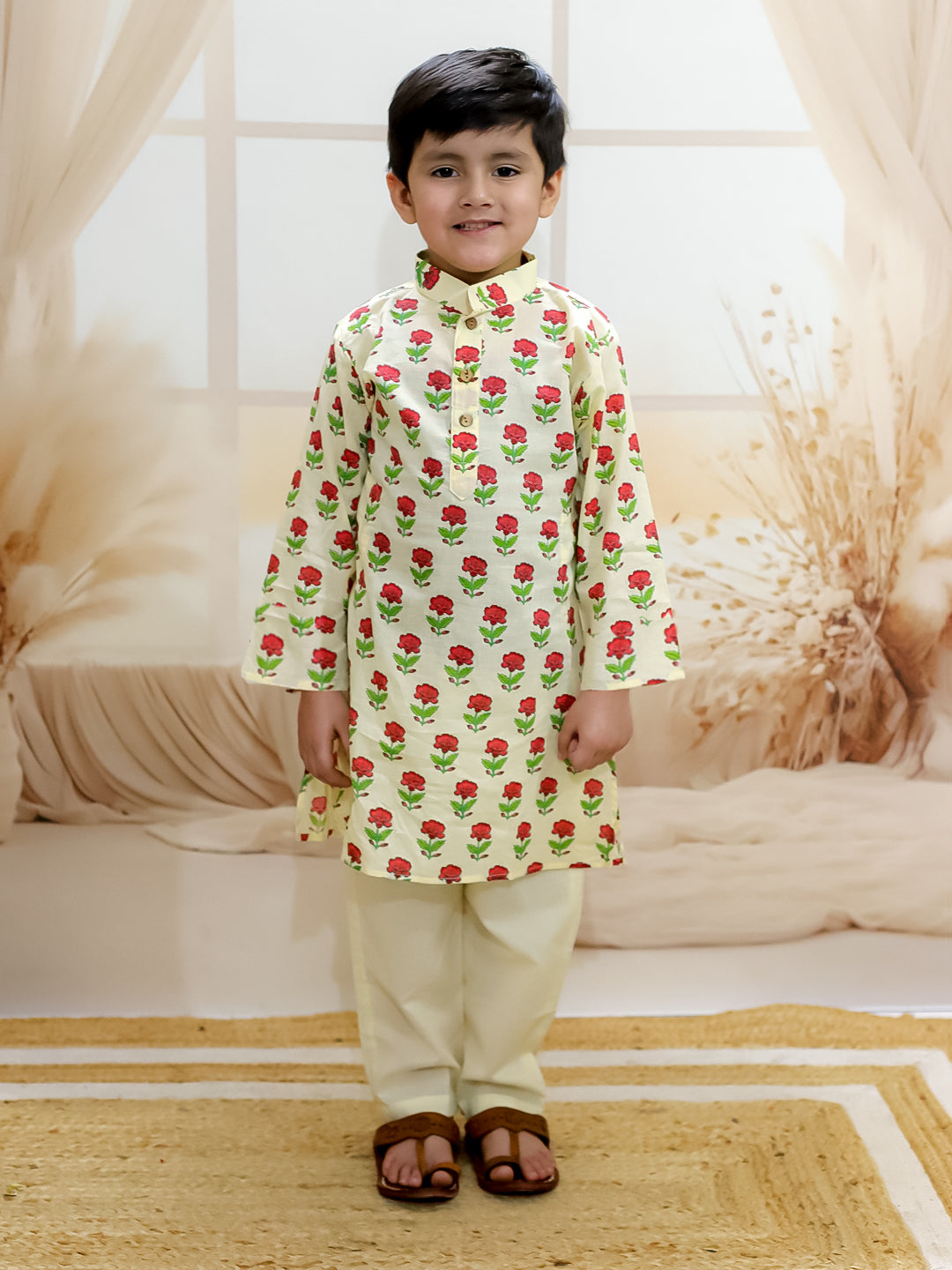 BownBee Pure Cotton Printed Kurta Pajama and Jacket Set for Boys with Pure Cotton Kurta Sharara Dupatta Set for Girls - Off White