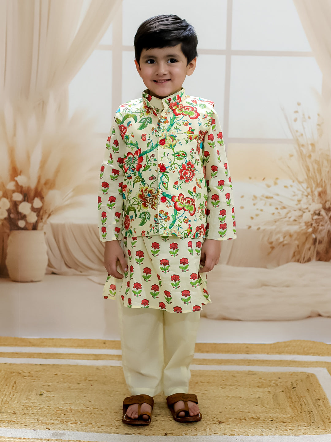 BownBee Pure Cotton Printed Kurta Pajama and Jacket Set for Boys with Pure Cotton Kurta Sharara Dupatta Set for Girls - Off White