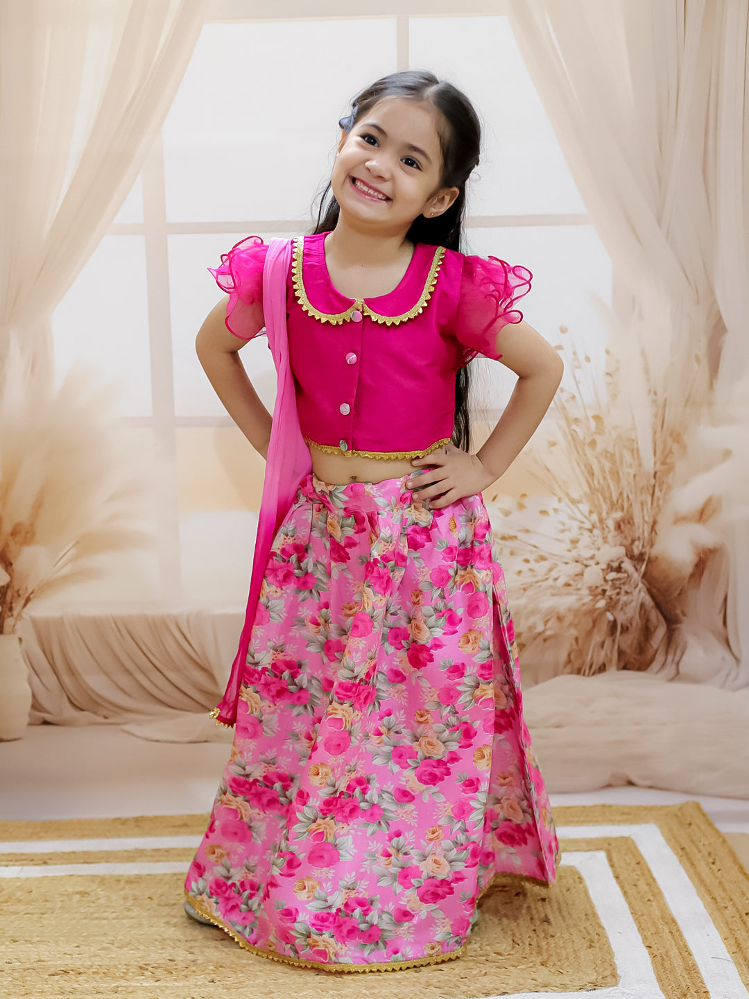 BownBee Sibling Set Attached Jacket Kurta Pajama For Boys-Pink with Ruffle Sleeve Collar Choli With Floral Lehenga- Pink