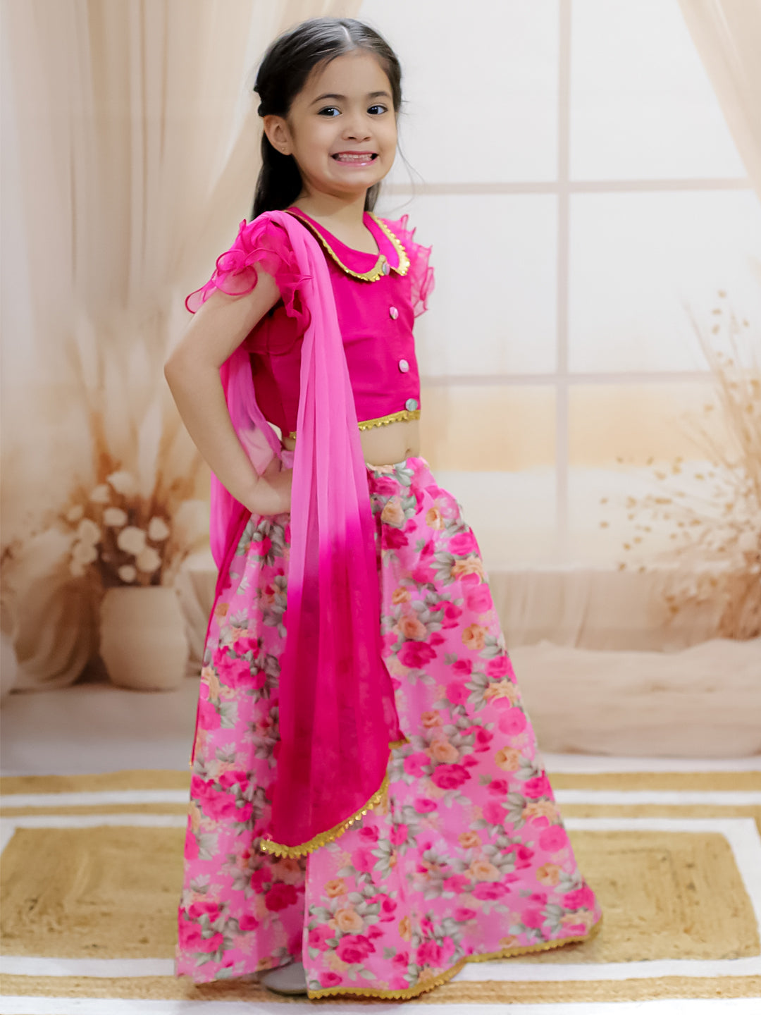 BownBee Sibling Set Attached Jacket Kurta Pajama For Boys-Pink with Ruffle Sleeve Collar Choli With Floral Lehenga- Pink