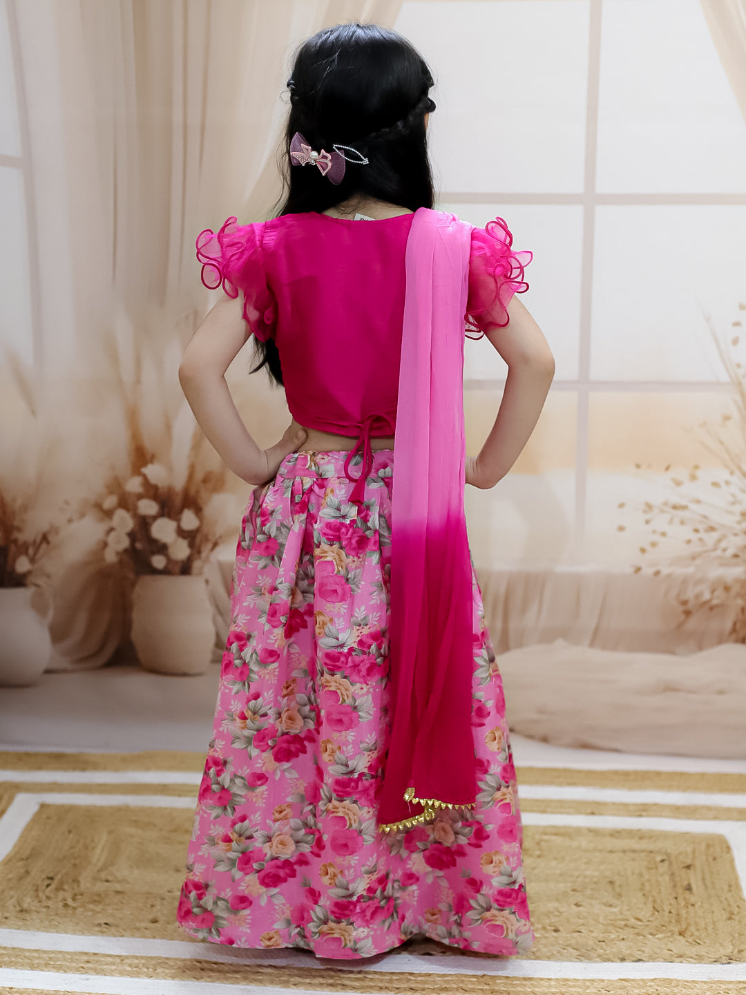 BownBee Sibling Set Attached Jacket Kurta Pajama For Boys-Pink with Ruffle Sleeve Collar Choli With Floral Lehenga- Pink