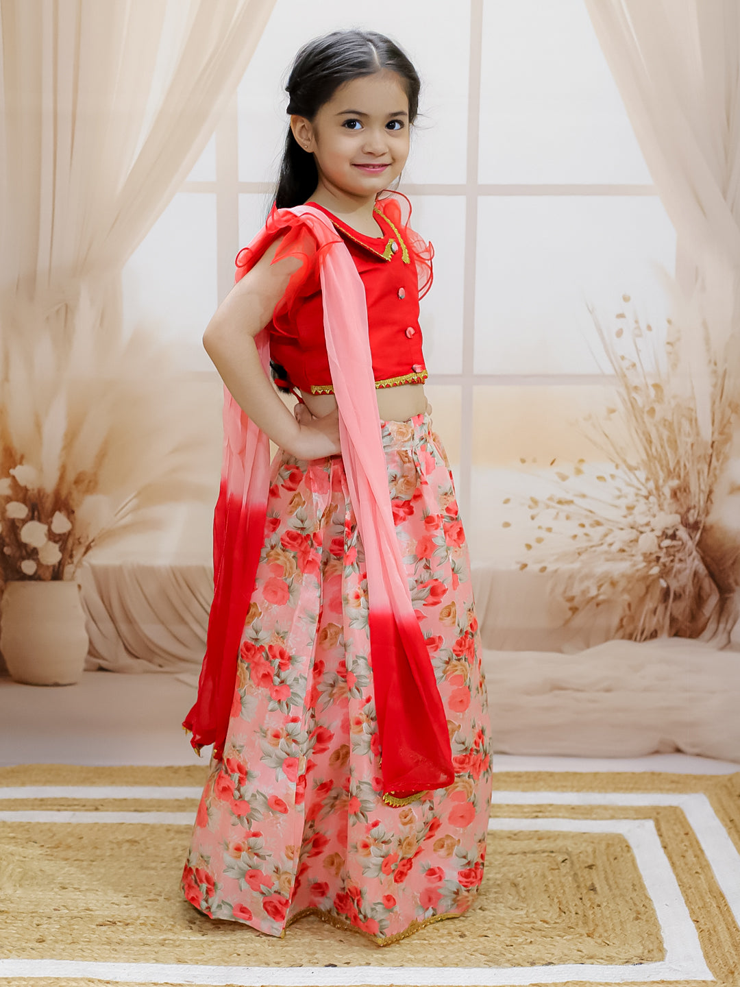 BownBee Ruffle Sleeve Collar Choli With Floral Lehenga For Girls - Red