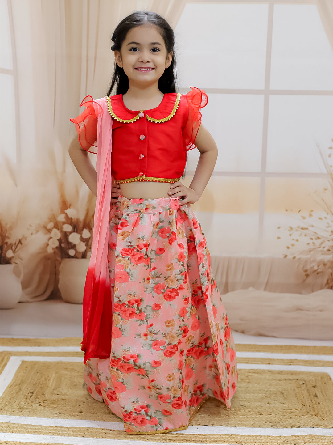 BownBee Ruffle Sleeve Collar Choli With Floral Lehenga For Girls - Red