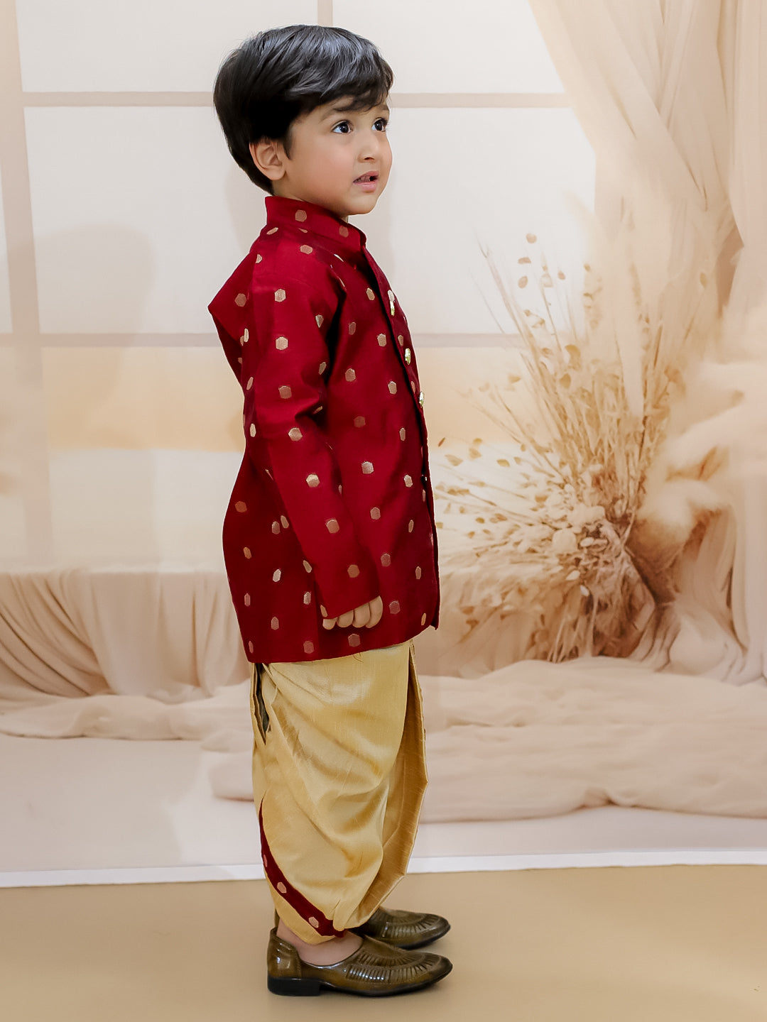 BownBee Pure Chanderi Full Sleeve Sherwani Dhoti for Boys- Maroon