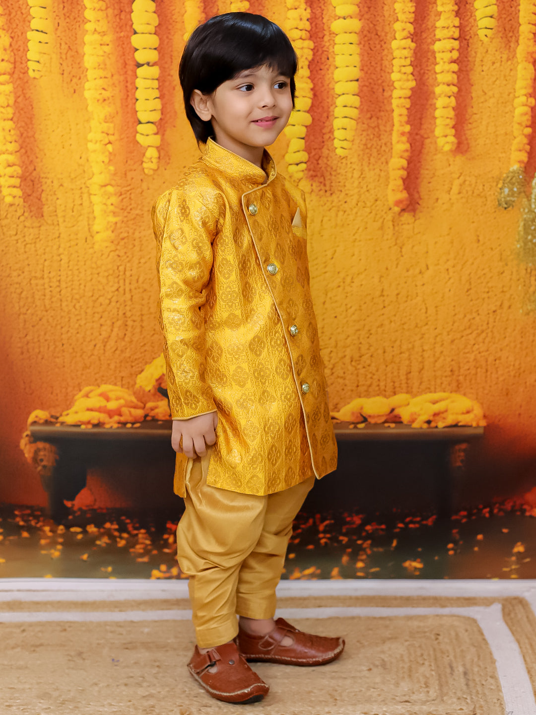 BownBee Jacquard Full Sleeve Sherwani with Salwar for Boys - Yellow