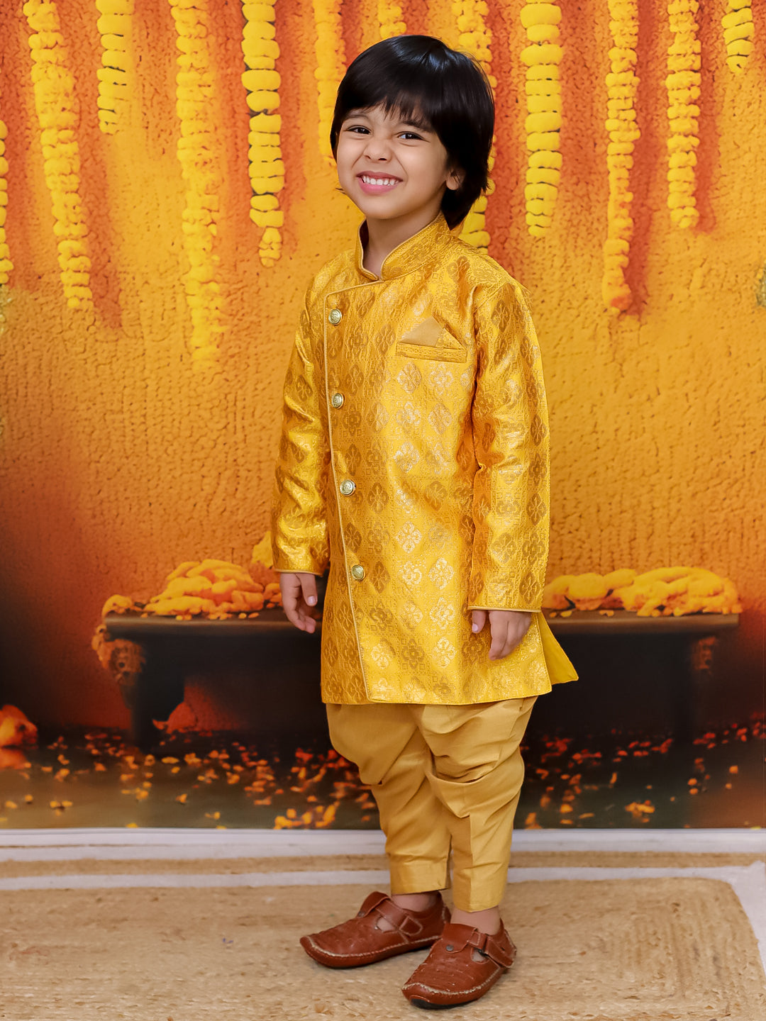 BownBee Jacquard Full Sleeve Sherwani with Salwar for Boys - Yellow