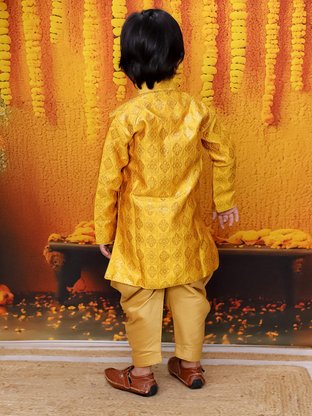 BownBee Jacquard Full Sleeve Sherwani with Salwar for Boys - Yellow