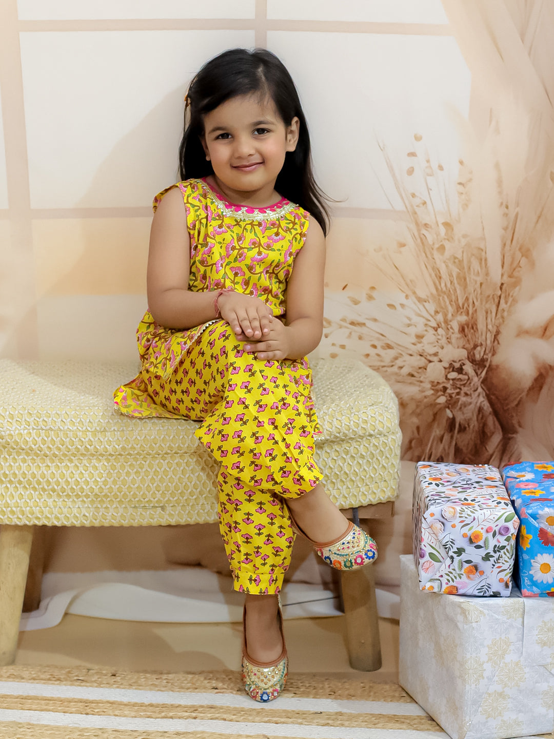 BownBee Pure Cotton Narrow Shoulder Kurti with Harem for Girls- Yellow