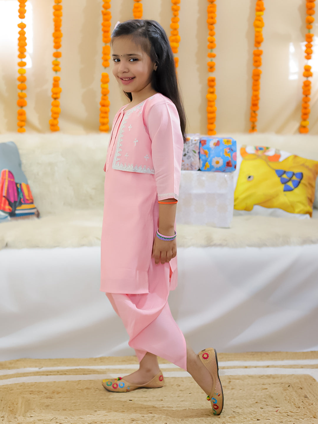 BownBee Embroidered Attached Jacket Kurti with Dhoti for Girls- Baby Pink